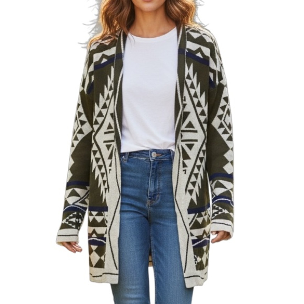 Pink Republic Olive Cream Navy Western Knit Sweater Cardigan L 2326